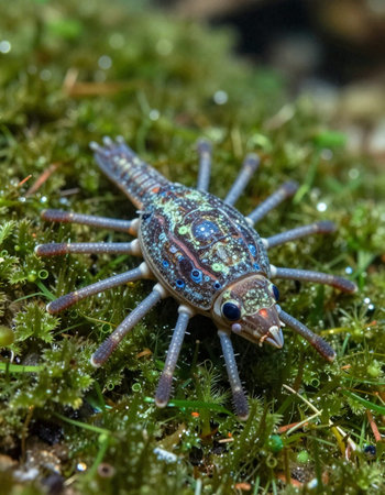 A closeup shot of a spiny lobster on a green moss