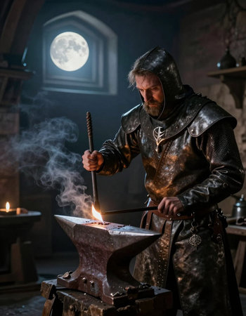 Portrait of a medieval blacksmith working with iron on the anvil