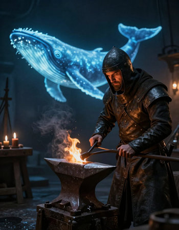 A man in a medieval costume forging metal on an anvil at night.
