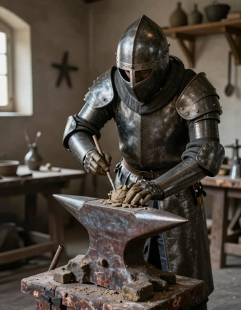 Medieval knight on the anvil in a medieval castle workshop.