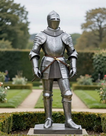 Medieval knight in the castle garden, Shropshire, England
