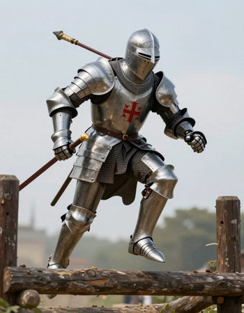 Member of history club Golden Capricorn wears medieval costume as he participates in historical...
