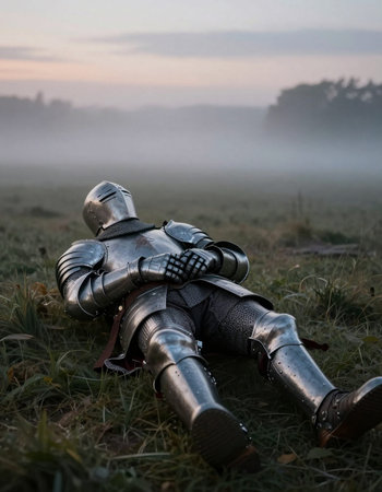 Medieval knight in armor on the field at dawn. Medieval history.の写真素材