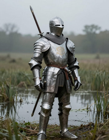 Member of history club Golden Capricorn wears medieval costume as he participates in historical...