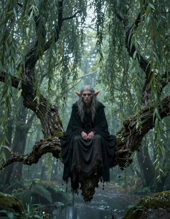 Witch sitting on a tree in the forest. Halloween theme.