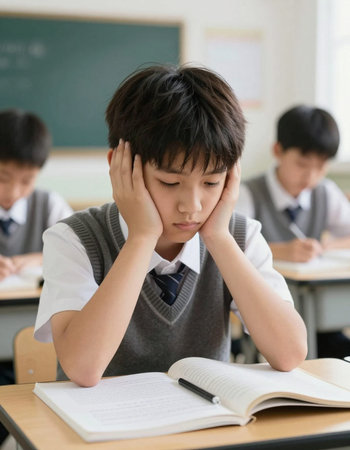 Asian male high school student sitting in the classroom