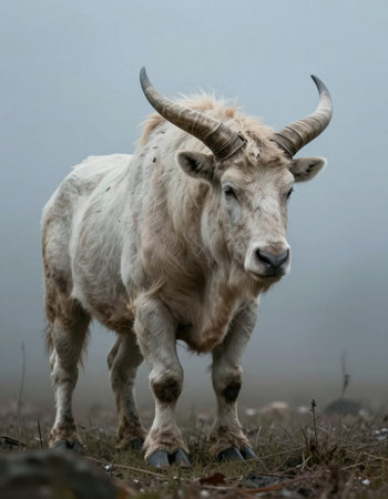 White yak on foggy meadow in autumn day, UK.