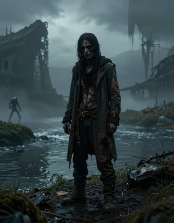 Man standing on the bank of the river in the fog.