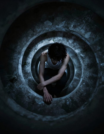 Young man in a dark underground tunnel, conceptual image of depression and mental health