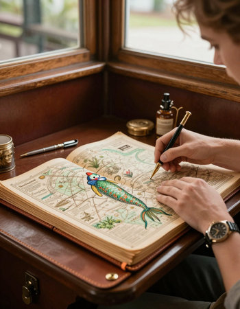 Close-up of a man drawing a fish on an old map