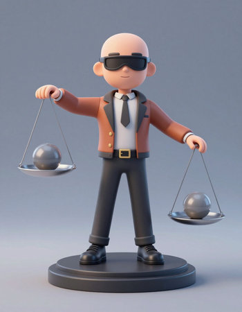 Businessman with blindfold holding scales of justice. 3d illustration