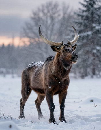 Elk in the snow in the forest during the winter season.