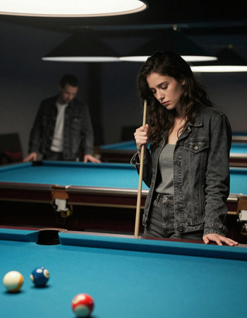 young pro billiard player finding best solution and right angle at billard or snooker pool sport ...