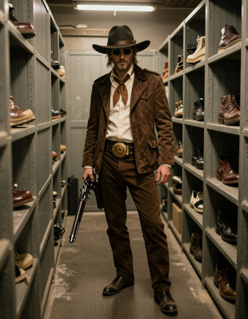 Retro gangster with a gun in a shoe store. Retro style.