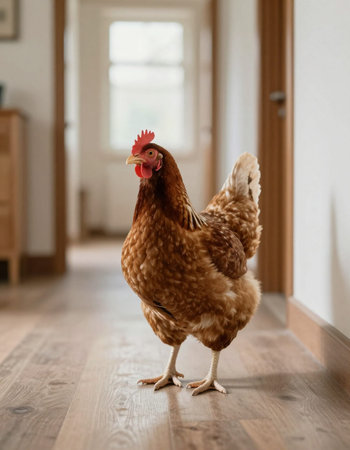 brown hen standing on the floor in front of the door in the house