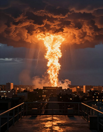 A view from the rooftop of a large building with a huge explosion.