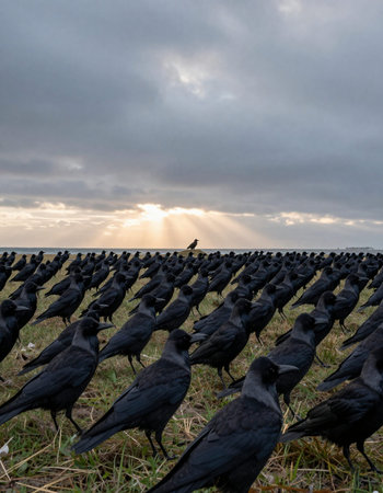 Group of black ravens in a row on the field during sunset