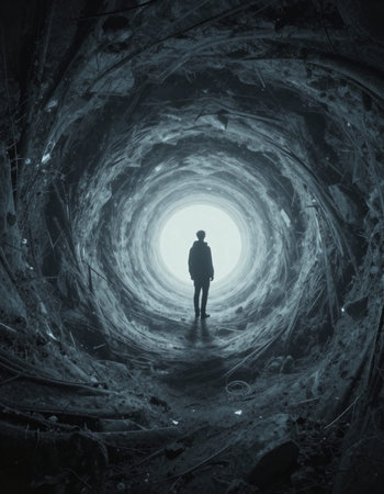 Silhouette of a man standing in a tunnel, looking at the future