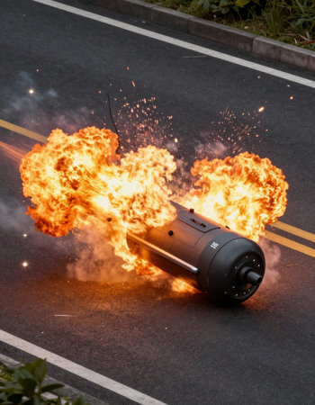 Burning gas torch on the road. The concept of fire and danger.