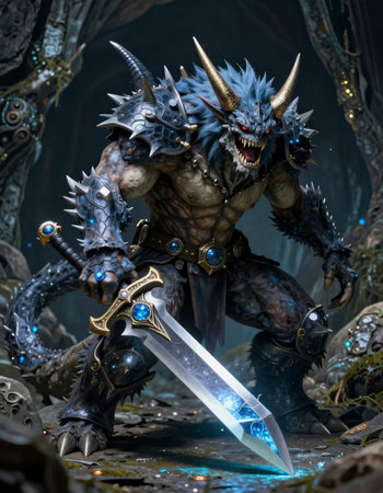 3D rendering of a fantasy dragon with a sword in his hand