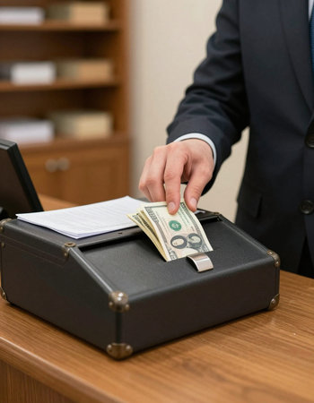 Businessman putting money in a briefcase. Close-up of male hands.