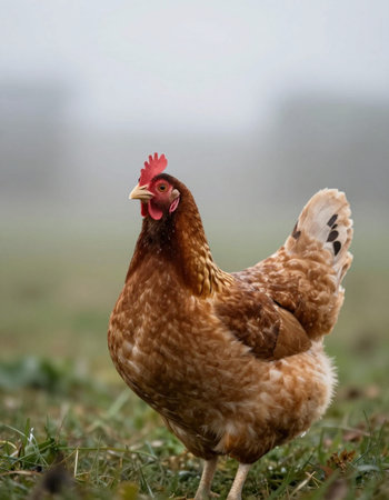 Chickens in the field, close-up portrait with selective focus