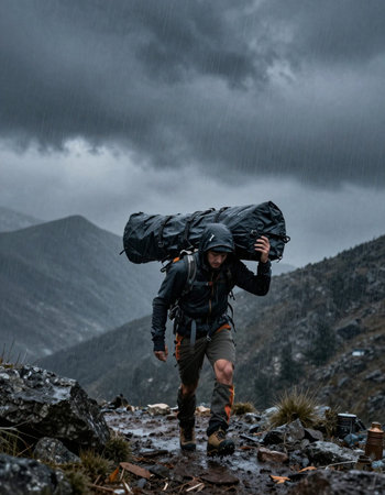 Hiker with backpack and trekking poles in the mountains under rain