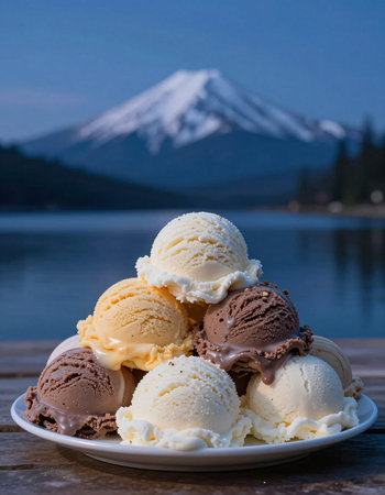 Vanilla, vanilla and chocolate ice cream with Mt. Fuji background