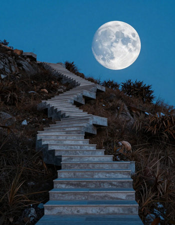 Staircase leading up to the moon in the night sky.