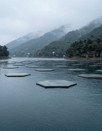 The landscape of the lake and mountains in the mist.
