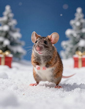 Gray mouse in the snow on a background of Christmas trees and gifts