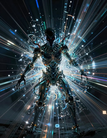 3D rendering of a female robot in futuristic space with lights effects