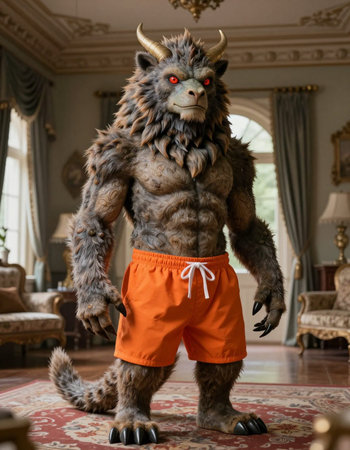 Fantasy creature in halloween costume with horns in the room
