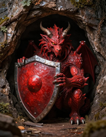 Red fantasy dragon in a cave with a shield and a sword.