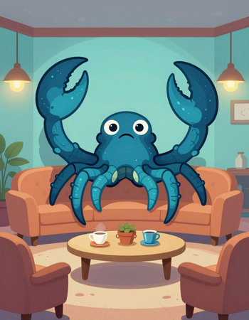 Illustration of a crab sitting on a sofa in a living room
