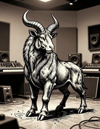 Digital illustration of a goat in a recording studio. Black and white image.