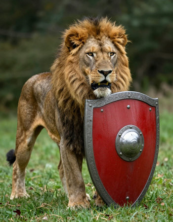 Lion in front of a shield