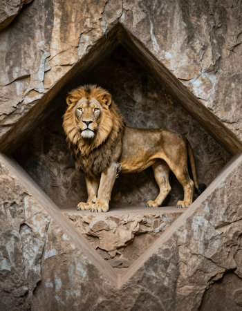Portrait of a lion standing on a rock.