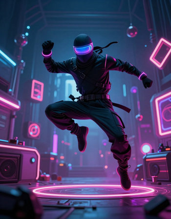 Cyberpunk style young man dancing in dark room with neon lights