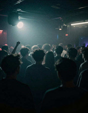 Audience listens to the music at a concert in the night club