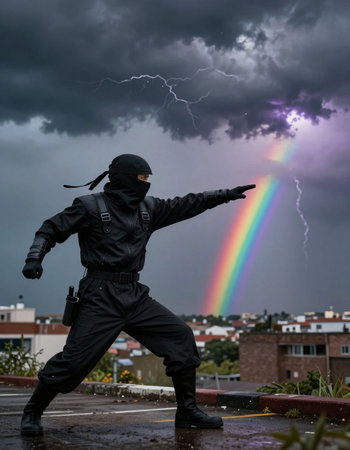 A man in a black balaclava stands on the street under a rainbow