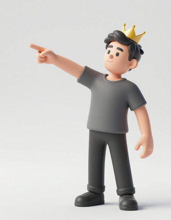 3d illustration of a cartoon character with a crown and pointing finger