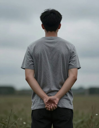 Young boy standing in the field with hands clasped behind his back