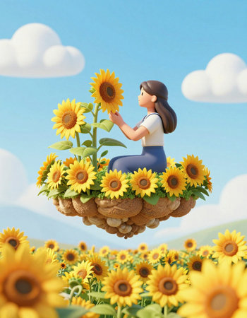 3d illustration of little girl sitting on sunflower floating in the sky
