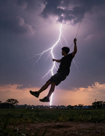 Man jumping on a rope with a thunderstorm in the background.
