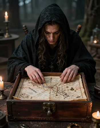 Handsome man with long wavy hair in dark medieval costume holding treasure map