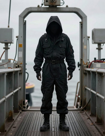 Portrait of a man in a black raincoat on the deck of a ship