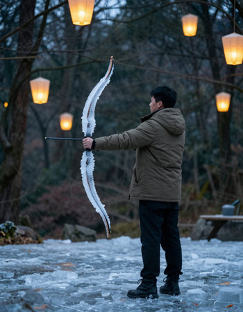 Archer shoots a bow in the winter forest.