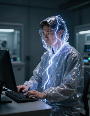 Young man in protective suit working on computer at night in a laboratory