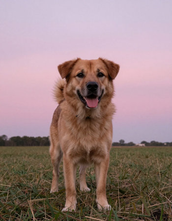 Portrait of a mixed breed dog in a field at sunset.
